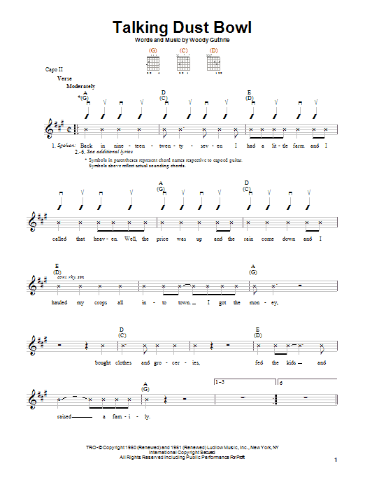 Woody Guthrie Talking Dust Bowl Sheet Music Notes & Chords for Easy Guitar - Download or Print PDF