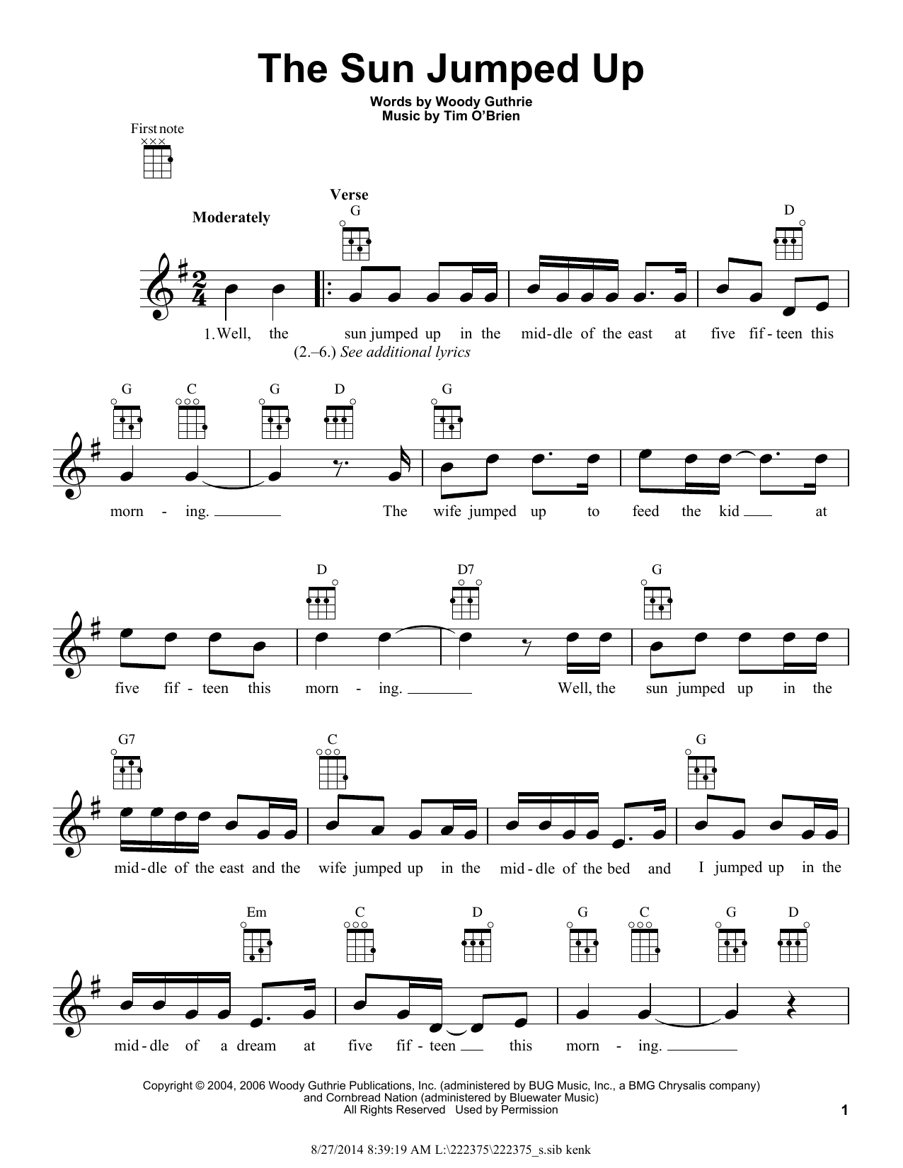 Woody Guthrie The Sun Jumped Up Sheet Music Notes & Chords for Ukulele - Download or Print PDF