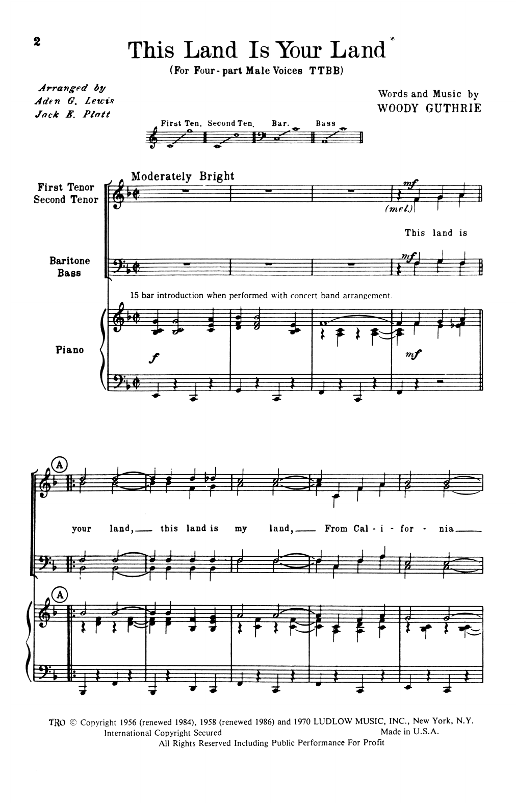 Woody Guthrie This Land Is Your Land (arr. Aden G. Lewis and Jack E. Platt) Sheet Music Notes & Chords for TTBB Choir - Download or Print PDF