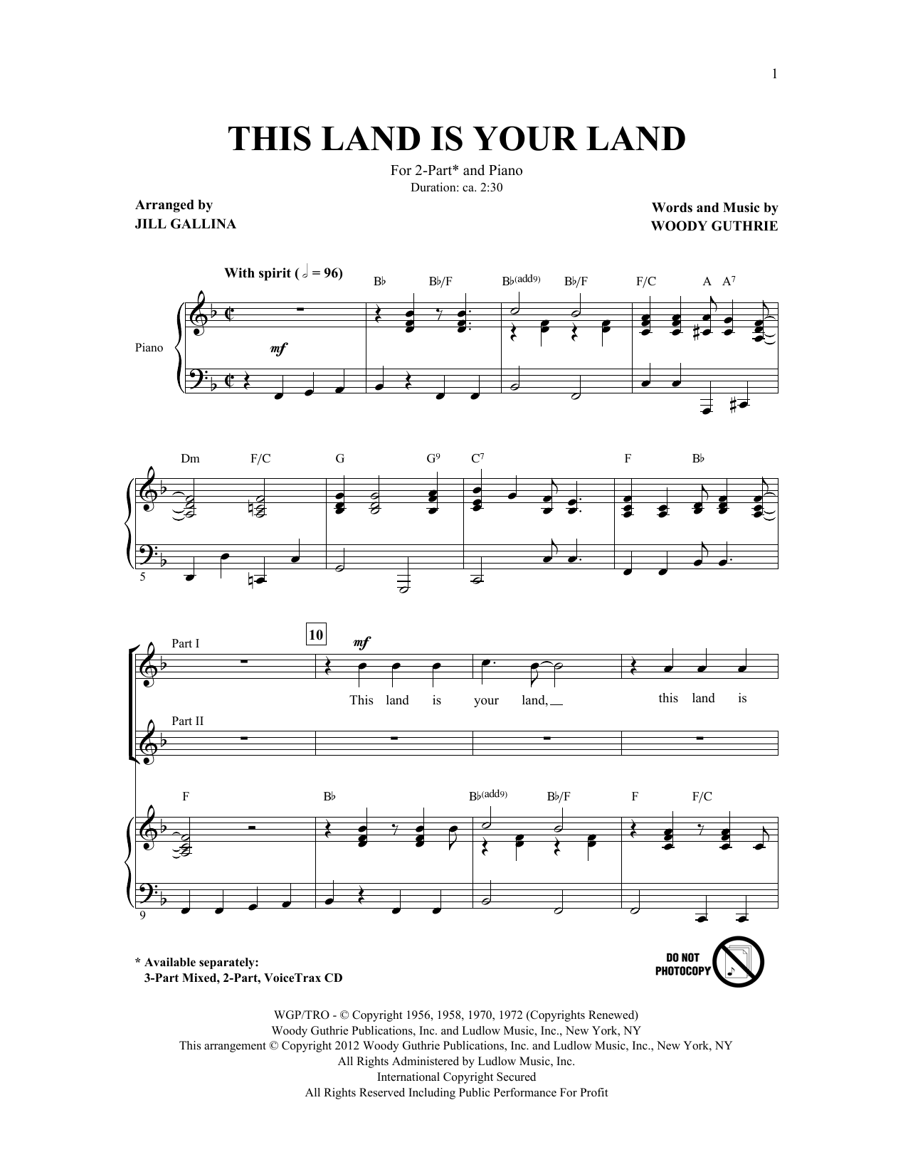 Woody Guthrie This Land Is Your Land (arr. Jill Gallina) Sheet Music Notes & Chords for 2-Part Choir - Download or Print PDF
