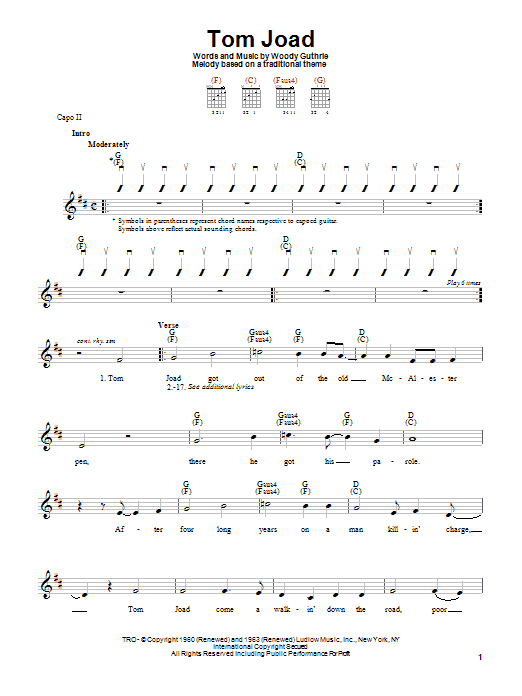 Woody Guthrie Tom Joad Sheet Music Notes & Chords for Easy Guitar - Download or Print PDF