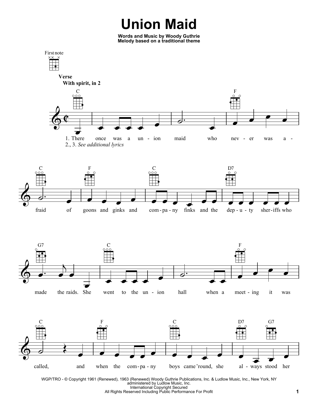 Woody Guthrie Union Maid Sheet Music Notes & Chords for Ukulele - Download or Print PDF