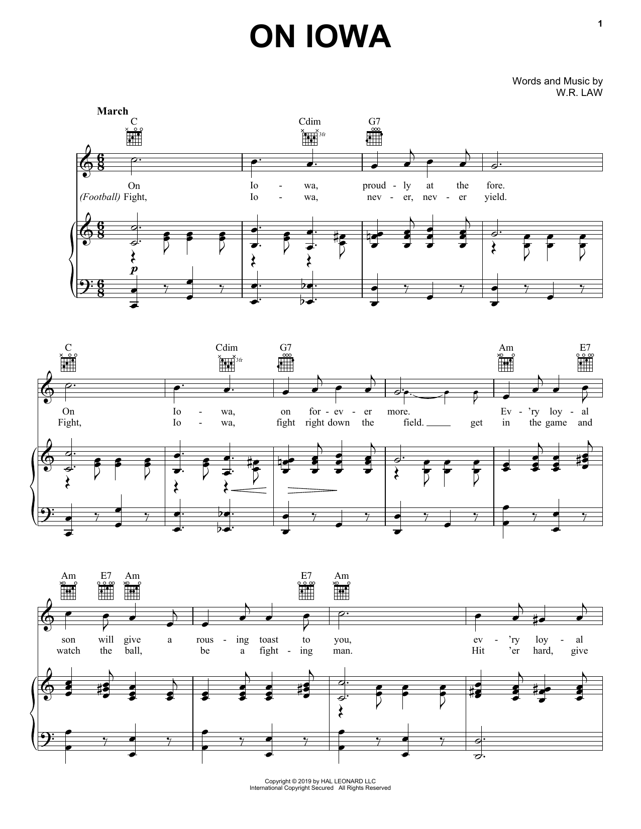 W.R. Law On Iowa Sheet Music Notes & Chords for Piano, Vocal & Guitar (Right-Hand Melody) - Download or Print PDF