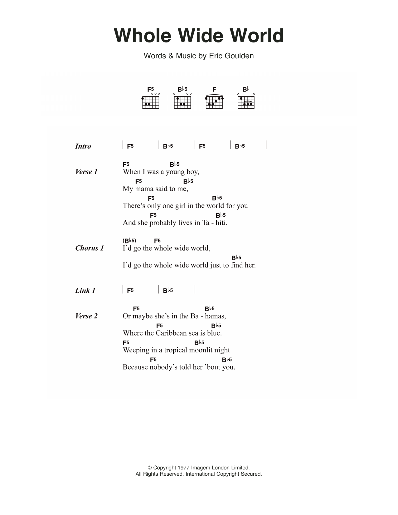 Wreckless Eric Whole Wide World Sheet Music Notes & Chords for Lyrics & Chords - Download or Print PDF