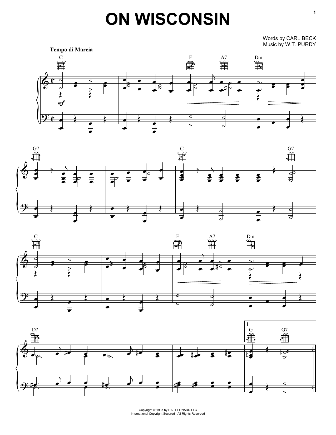 W.T. Purdy On Wisconsin! Sheet Music Notes & Chords for Piano, Vocal & Guitar (Right-Hand Melody) - Download or Print PDF