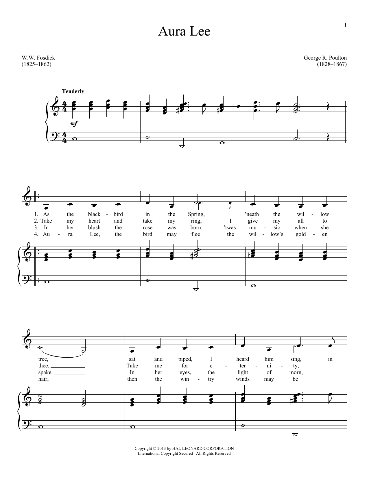 W.W. Fosdick Aura Lee Sheet Music Notes & Chords for Piano & Vocal - Download or Print PDF