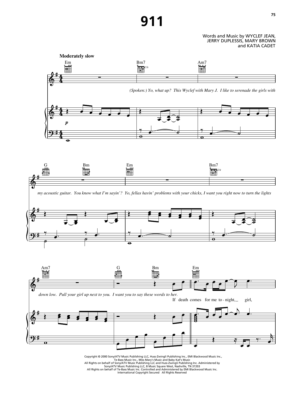 Wyclef Jean 911 (feat. Mary J. Blige) Sheet Music Notes & Chords for Piano, Vocal & Guitar Chords (Right-Hand Melody) - Download or Print PDF Wyclef Jean 911 (feat. Mary J. Blige) Sheet Music Notes & Chords for Piano, Vocal & Guitar Chords (Right-Hand Melody) - Download or Print PDF
