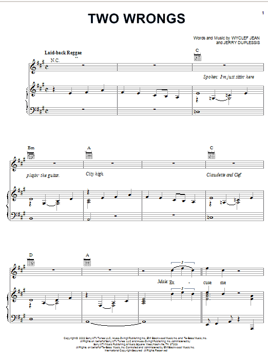 Wyclef Jean featuring Claudette Ortiz Two Wrongs Sheet Music Notes & Chords for Piano, Vocal & Guitar (Right-Hand Melody) - Download or Print PDF