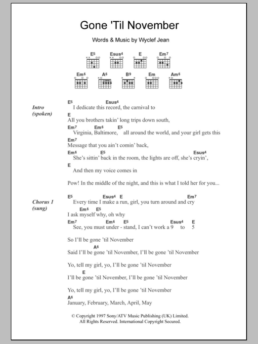 Wyclef Jean Gone 'Til November Sheet Music Notes & Chords for Guitar Chords/Lyrics - Download or Print PDF