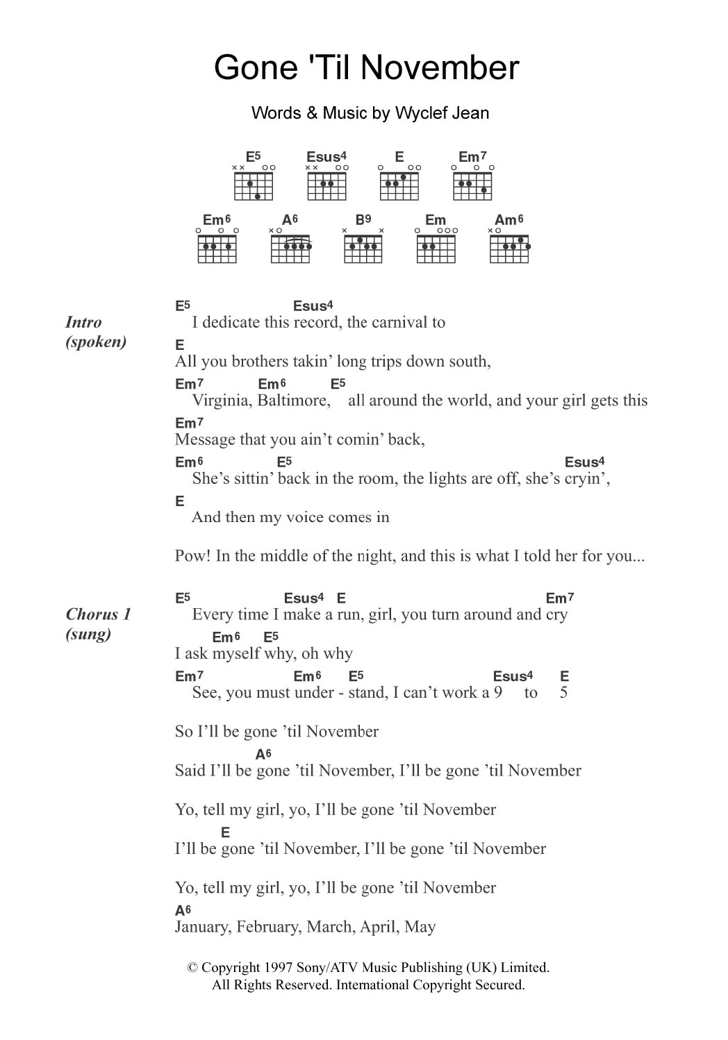 Wyclef Jean Gone 'Til November Sheet Music Notes & Chords for Guitar Chords/Lyrics - Download or Print PDF