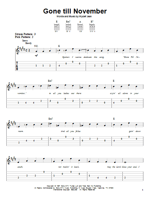 Wyclef Jean Gone Till November Sheet Music Notes & Chords for Easy Guitar Tab - Download or Print PDF