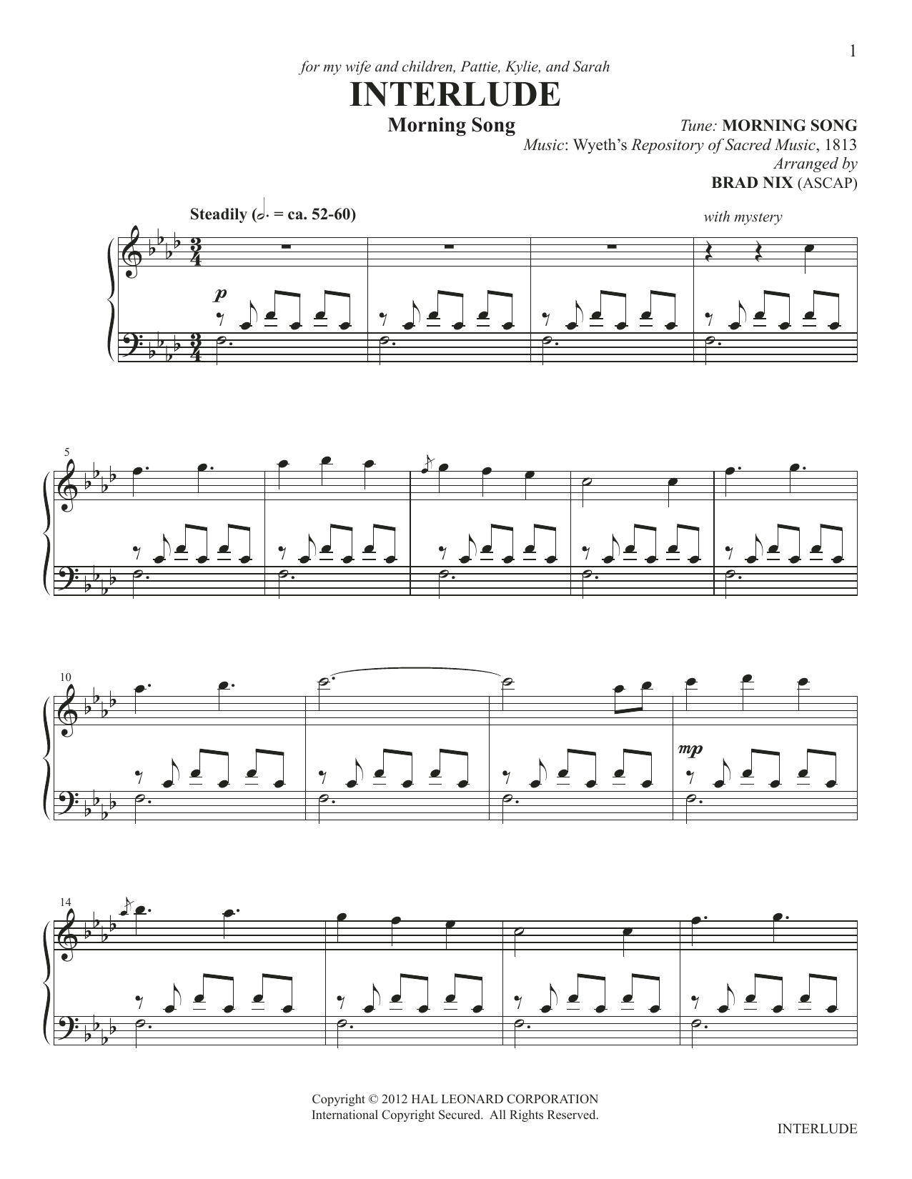 Wyeth's Repository of Sacred Interlude (arr. Brad Nix) Sheet Music Notes & Chords for Piano Solo - Download or Print PDF