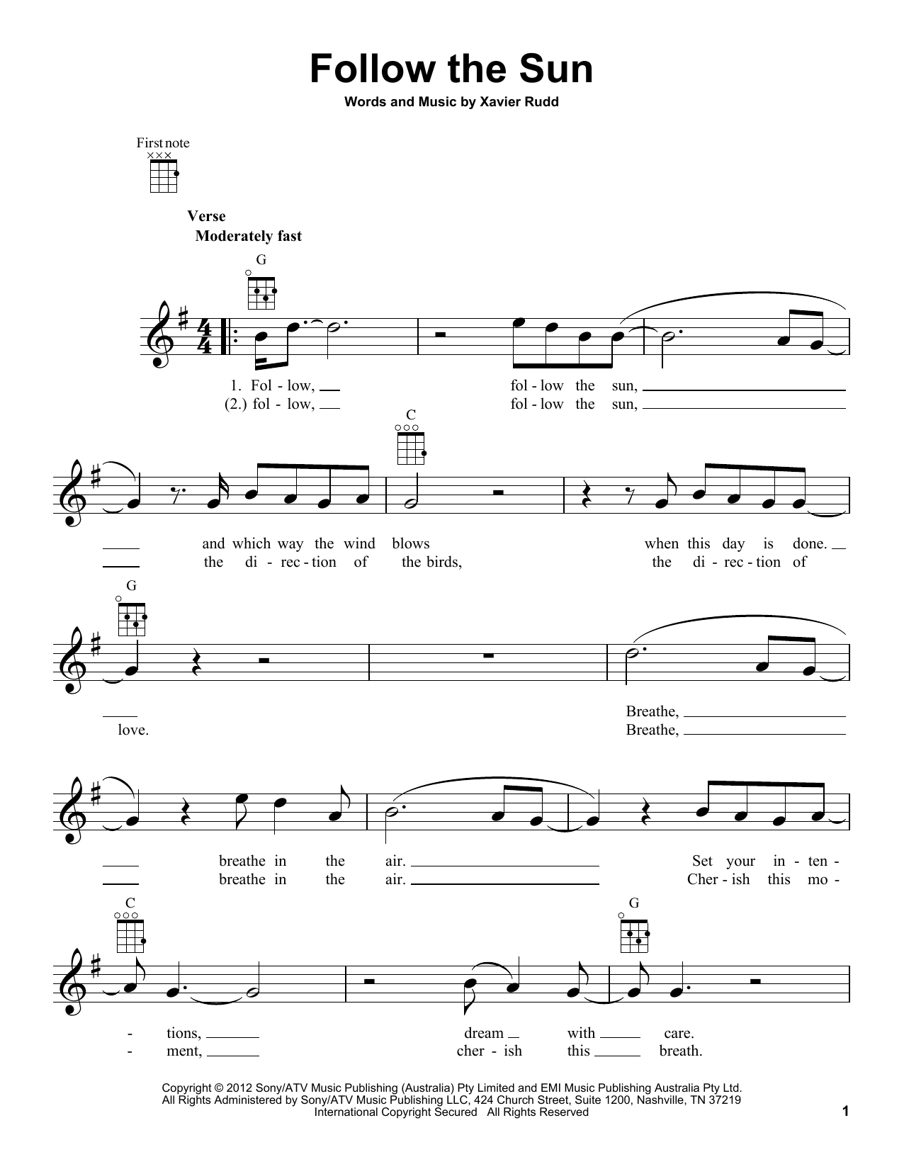 Xavier Rudd Follow The Sun Sheet Music Notes & Chords for Beginner Piano - Download or Print PDF