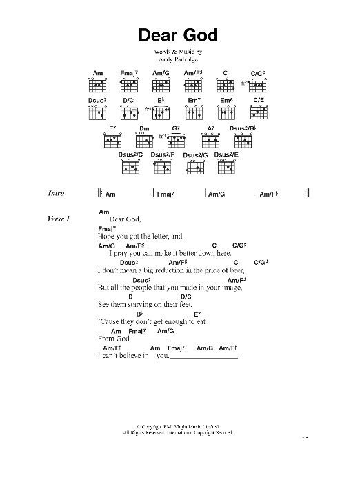 XTC Dear God Sheet Music Notes & Chords for Lyrics & Chords - Download or Print PDF