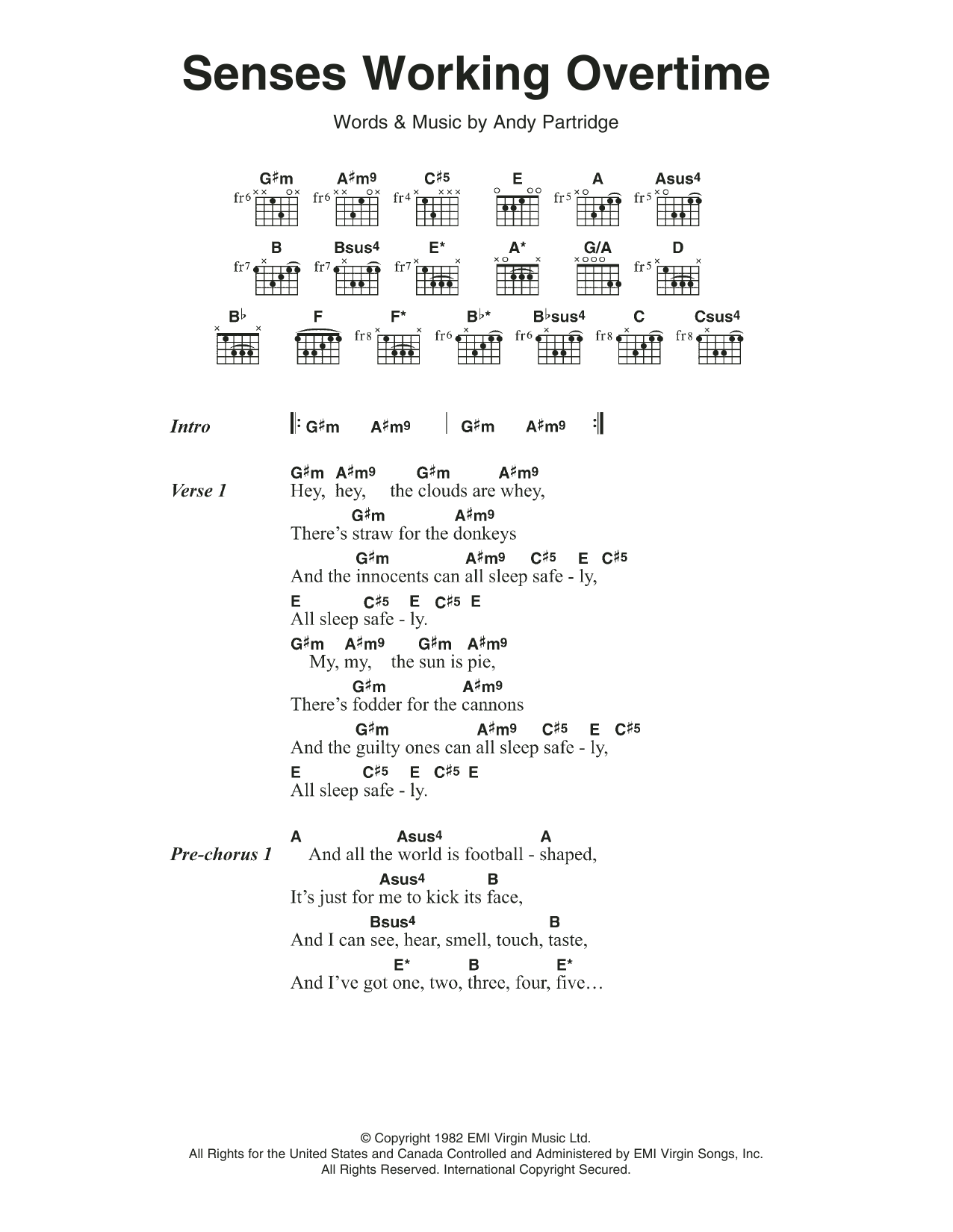 XTC Senses Working Overtime Sheet Music Notes & Chords for Lyrics & Chords - Download or Print PDF