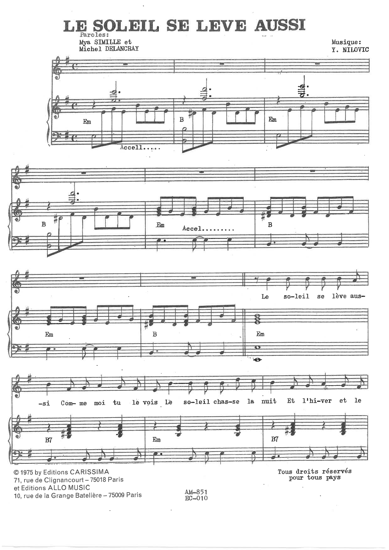 Y. Nilovic Le Soleil Se Leve Aussi Sheet Music Notes & Chords for Piano & Vocal - Download or Print PDF