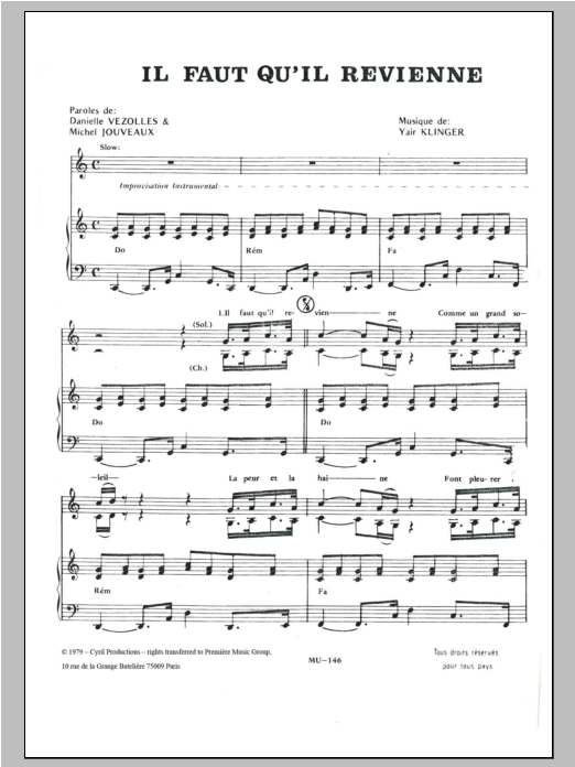 Yair Klinger Il Faut Qu'il Revienne Sheet Music Notes & Chords for Piano & Vocal - Download or Print PDF