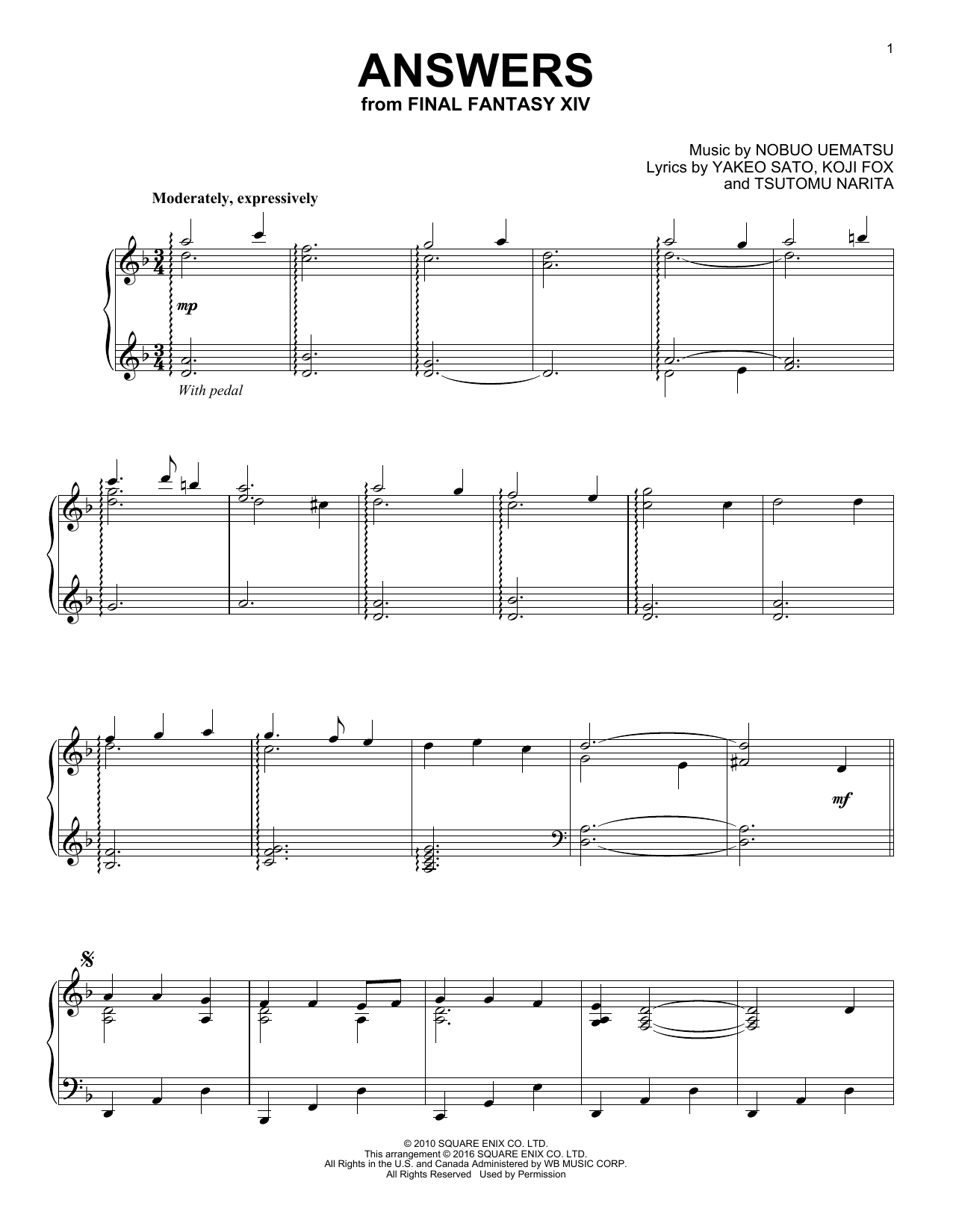 Yakeo Sato Answers (from Final Fantasy XIV) Sheet Music Notes & Chords for Piano - Download or Print PDF