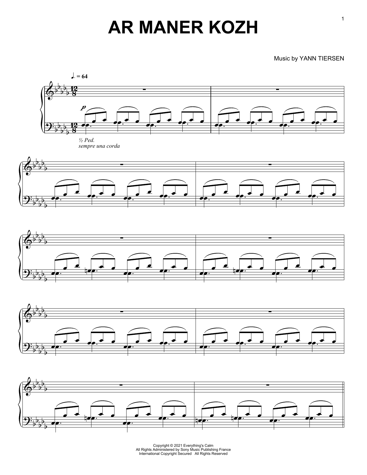 Yann Tiersen Ar Maner Kozh Sheet Music Notes & Chords for Piano Solo - Download or Print PDF