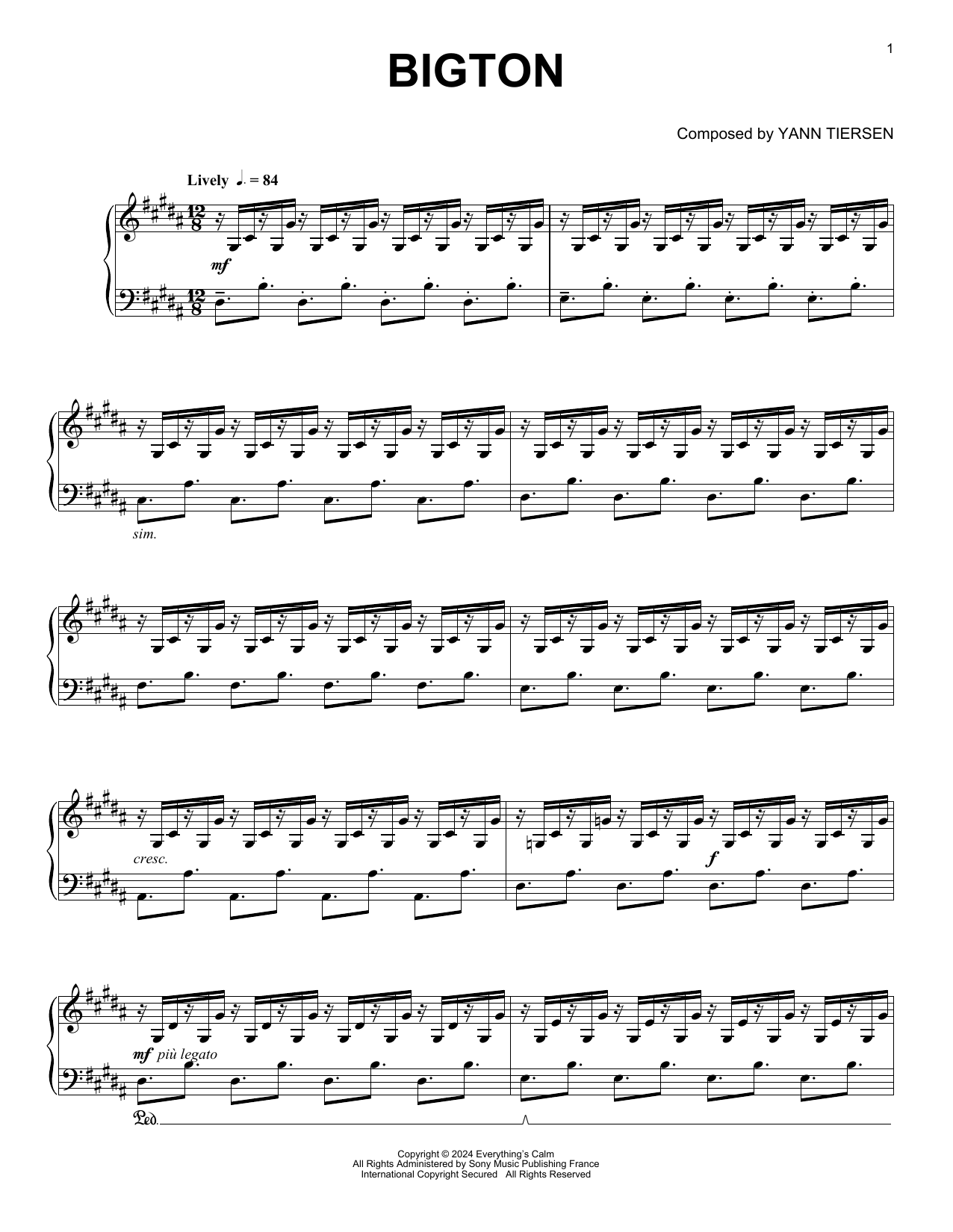 Yann Tiersen Bigton Sheet Music Notes & Chords for Piano Solo - Download or Print PDF