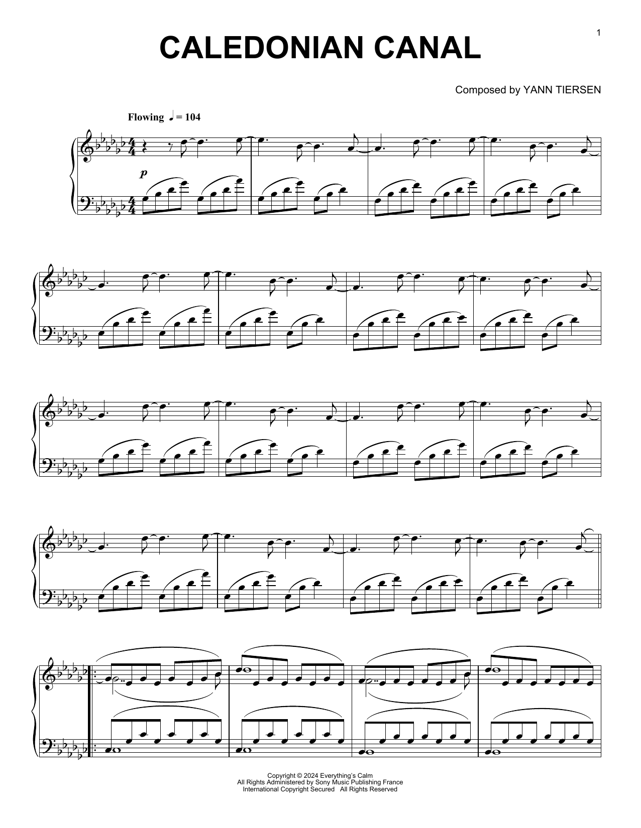 Yann Tiersen Caledonian Canal Sheet Music Notes & Chords for Piano Solo - Download or Print PDF