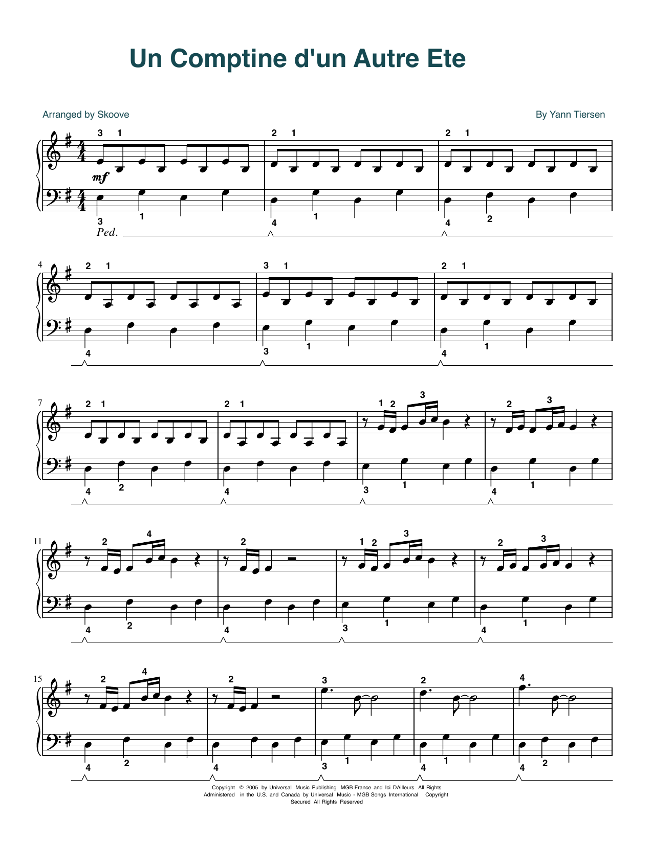 Yann Tiersen Comptine d'un autre été (arr. Skoove) Sheet Music Notes & Chords for Easy Piano - Download or Print PDF