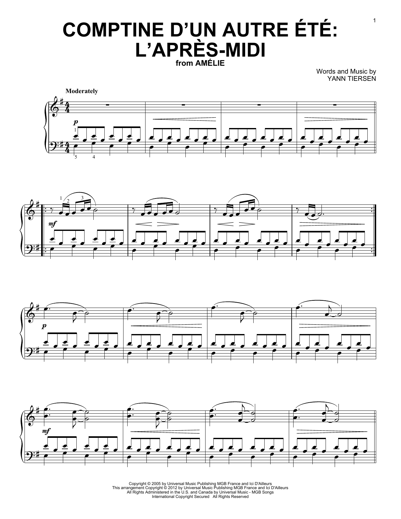 Yann Tiersen Comptine D'Un Autre Ete Sheet Music Notes & Chords for Piano Solo - Download or Print PDF