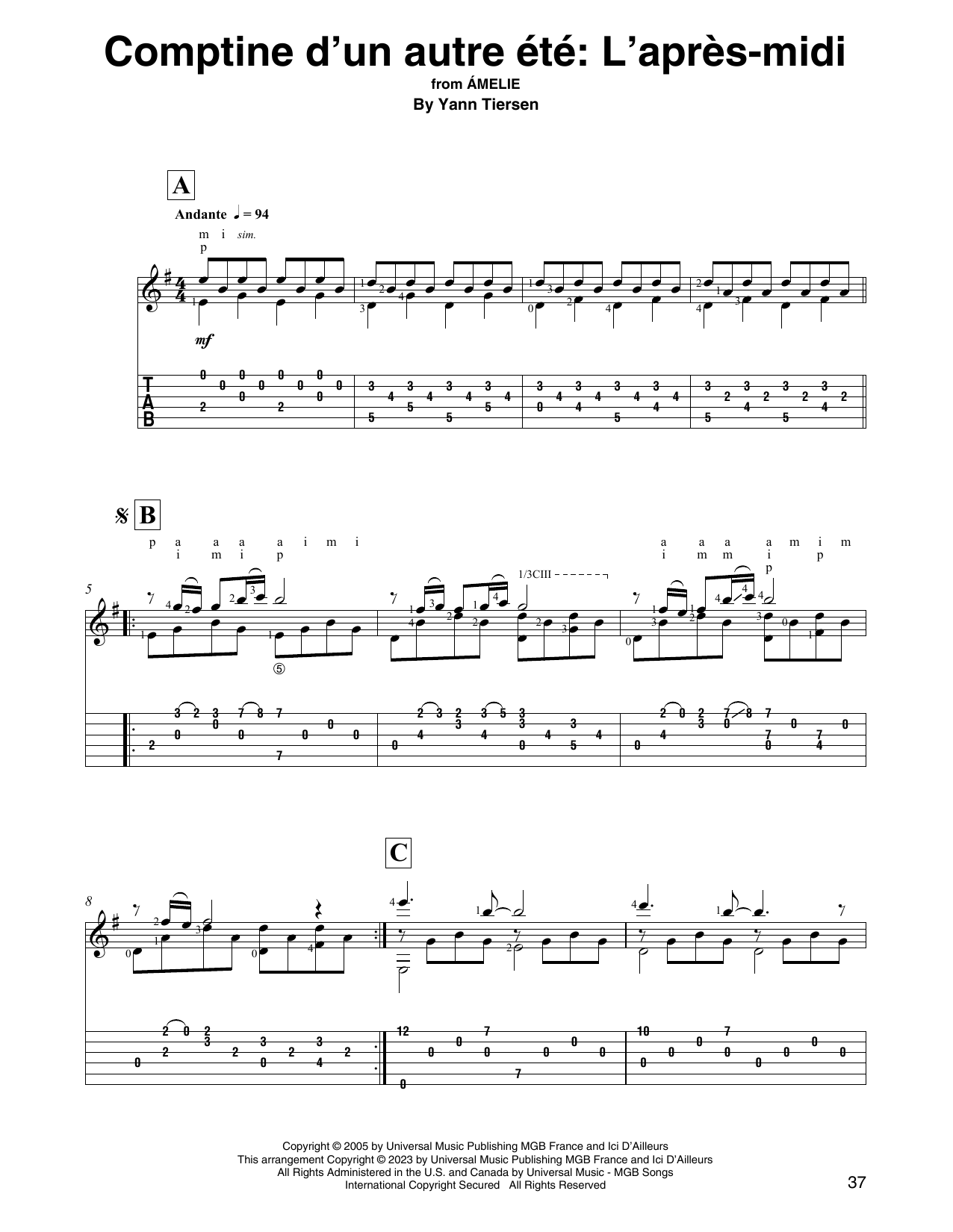 Yann Tiersen Comptine d'un autre été: L'après-midi (from Amelie) Sheet Music Notes & Chords for Solo Guitar - Download or Print PDF