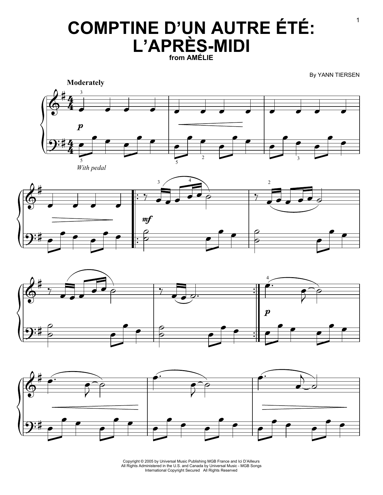Yann Tiersen Comptine d'un autre été: L'après-midi Sheet Music Notes & Chords for Easy Piano - Download or Print PDF