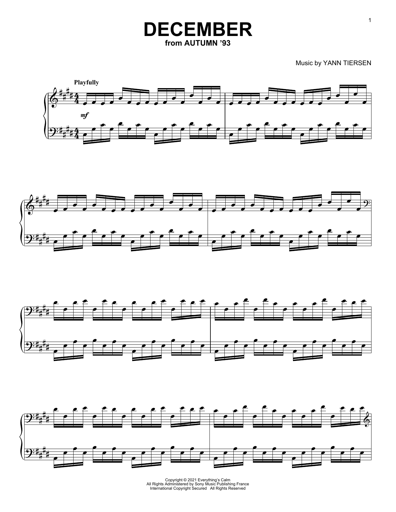 Yann Tiersen December Sheet Music Notes & Chords for Piano Solo - Download or Print PDF