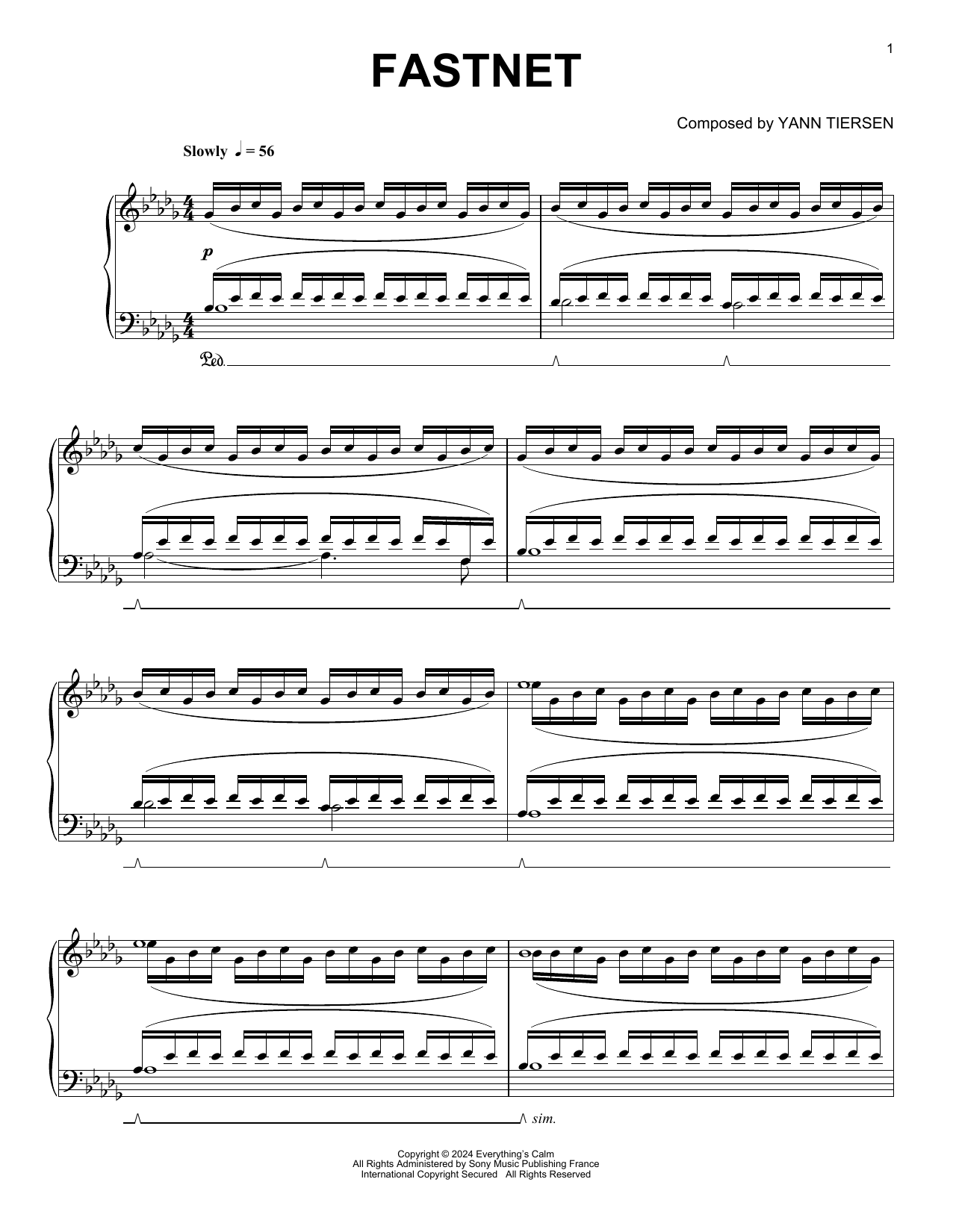 Yann Tiersen Fastnet Sheet Music Notes & Chords for Piano Solo - Download or Print PDF