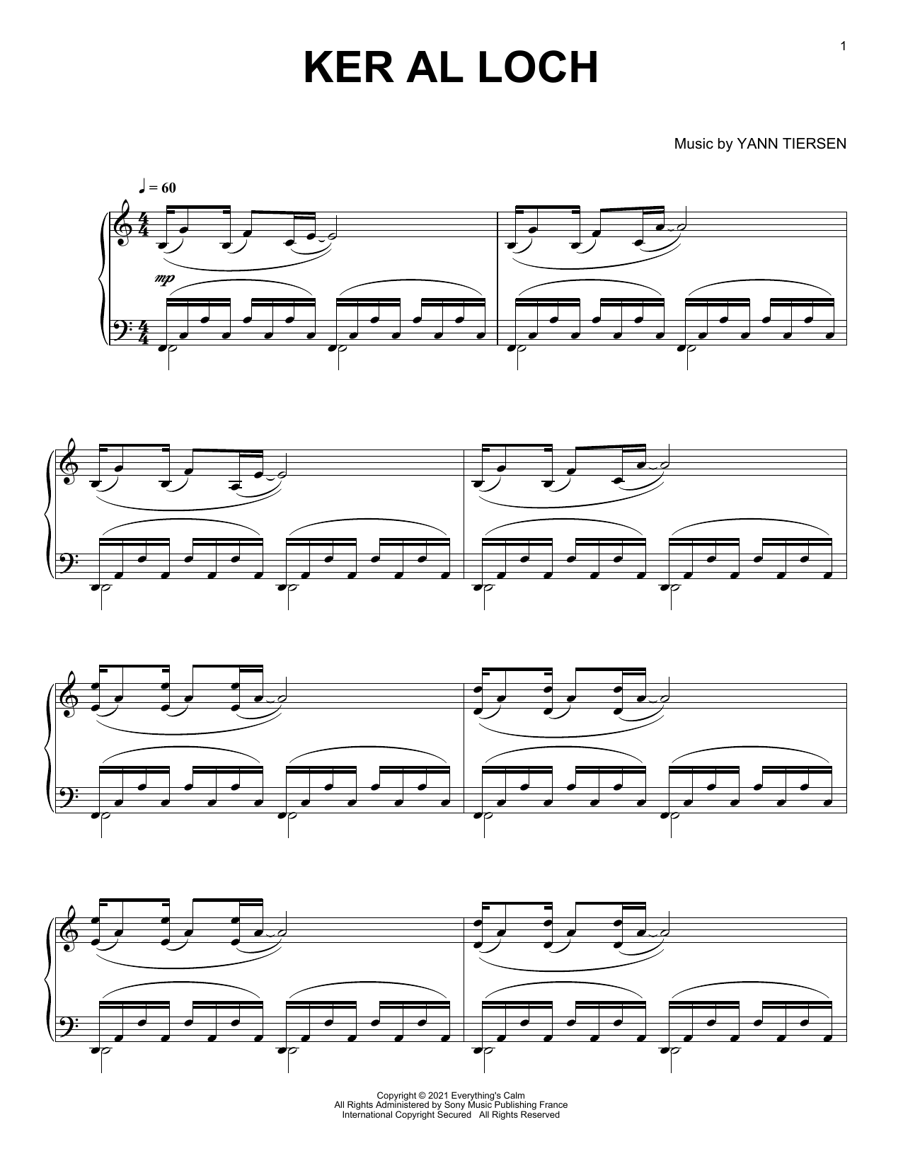 Yann Tiersen Ker Al Loch Sheet Music Notes & Chords for Piano Solo - Download or Print PDF