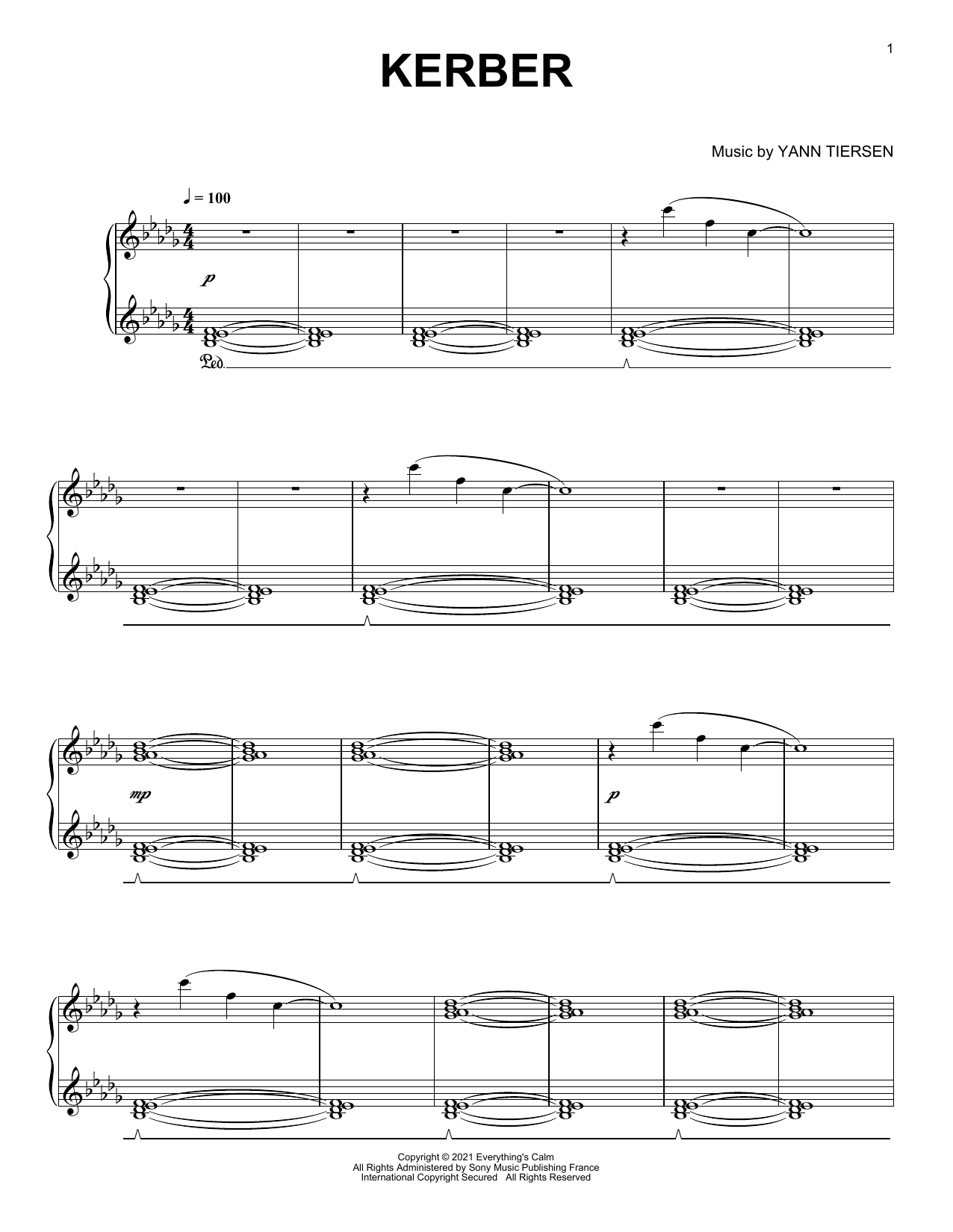 Yann Tiersen Kerber Sheet Music Notes & Chords for Piano Solo - Download or Print PDF