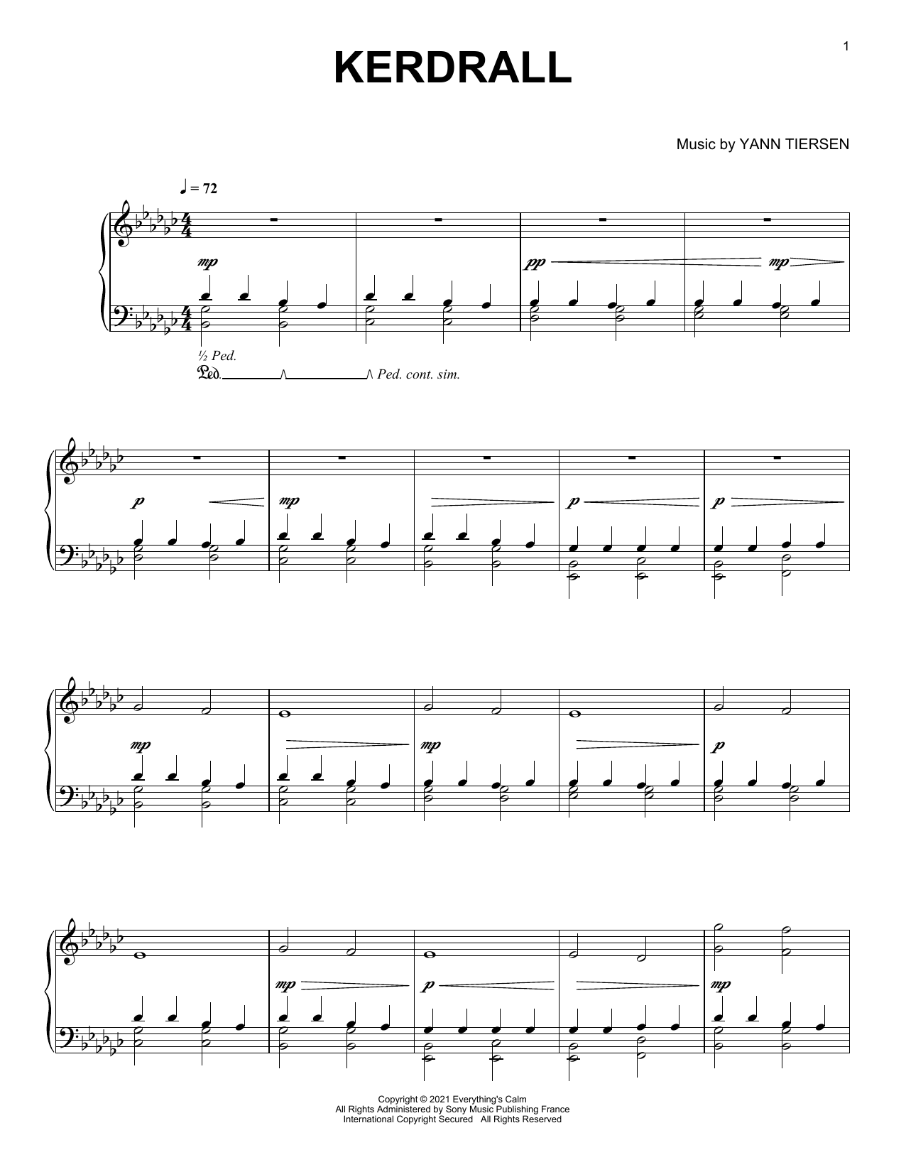 Yann Tiersen Kerdrall Sheet Music Notes & Chords for Piano Solo - Download or Print PDF