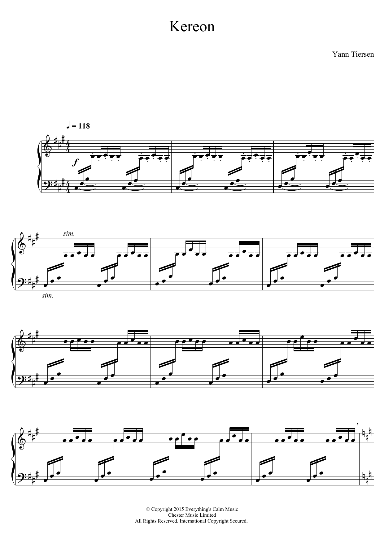 Yann Tiersen Kereon Sheet Music Notes & Chords for Piano - Download or Print PDF