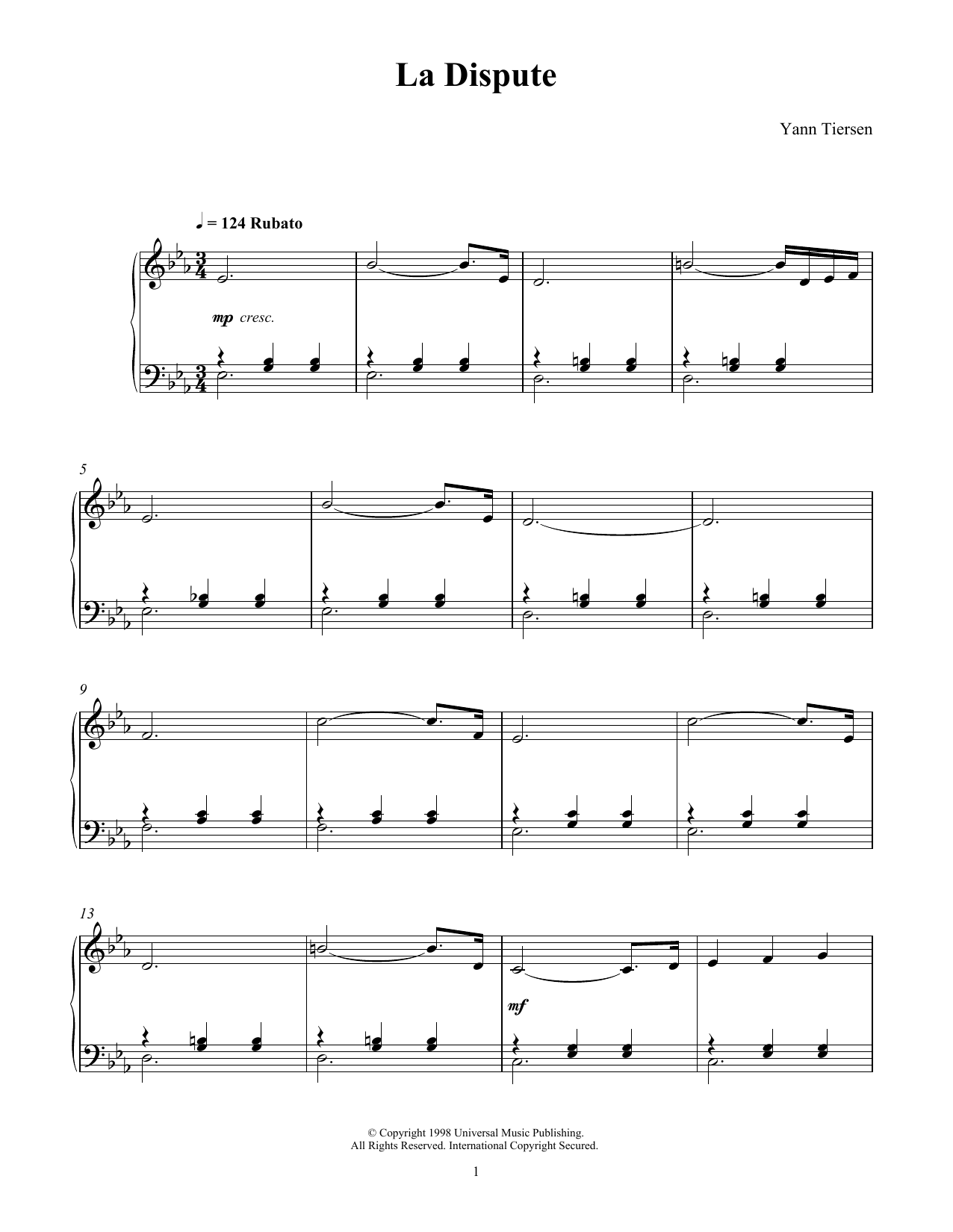 Yann Tiersen La Dispute Sheet Music Notes & Chords for Piano Solo - Download or Print PDF