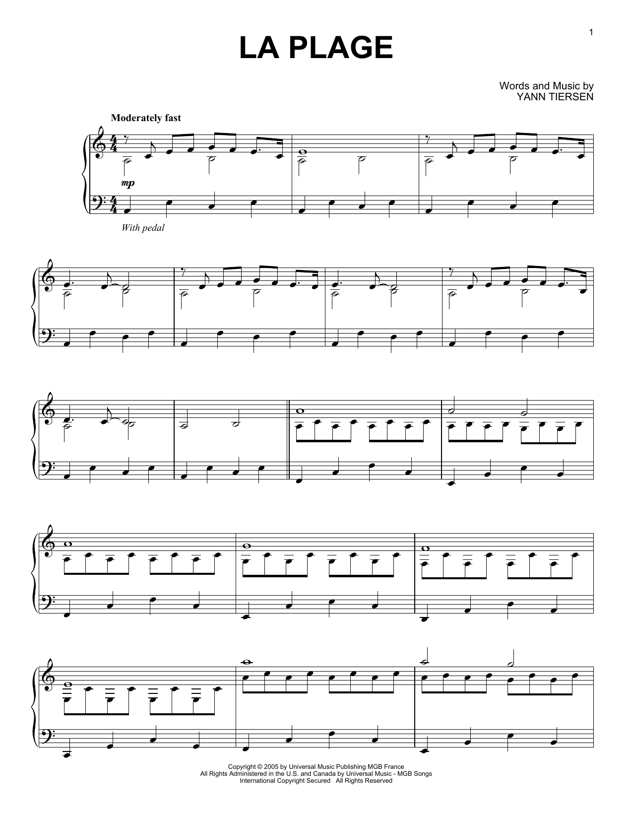 Yann Tiersen La Plage Sheet Music Notes & Chords for Piano Solo - Download or Print PDF