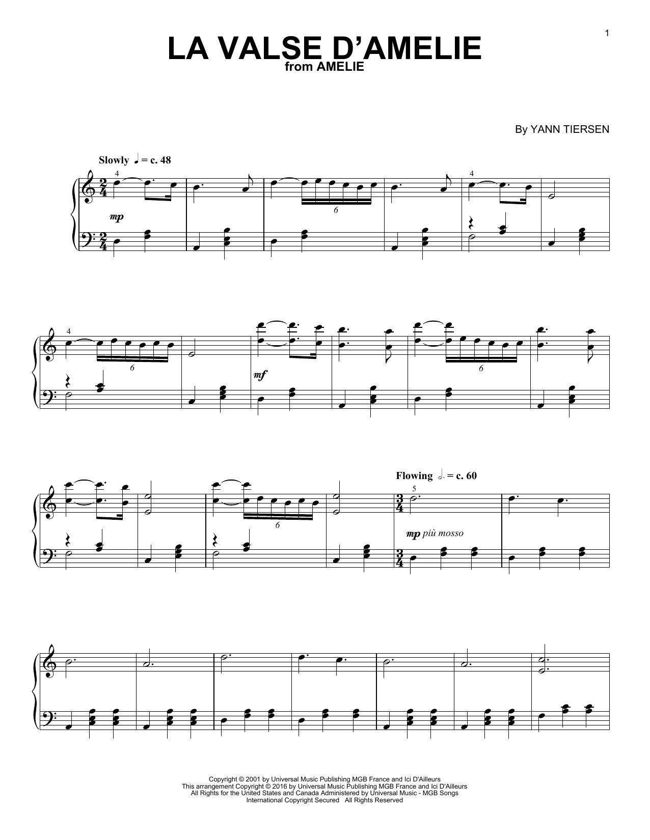 Yann Tiersen La Valse D'Amelie Sheet Music Notes & Chords for Easy Piano - Download or Print PDF