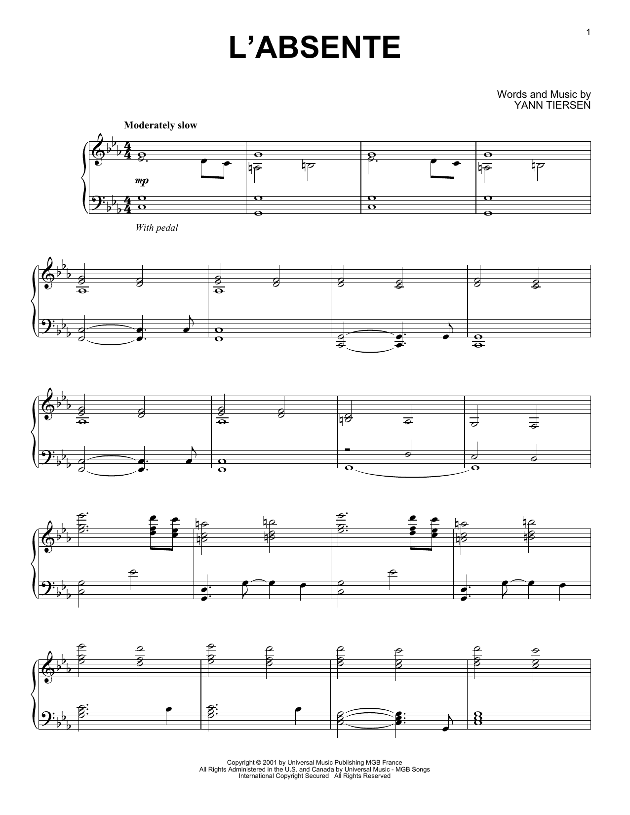 Yann Tiersen L'Absente Sheet Music Notes & Chords for Piano Solo - Download or Print PDF