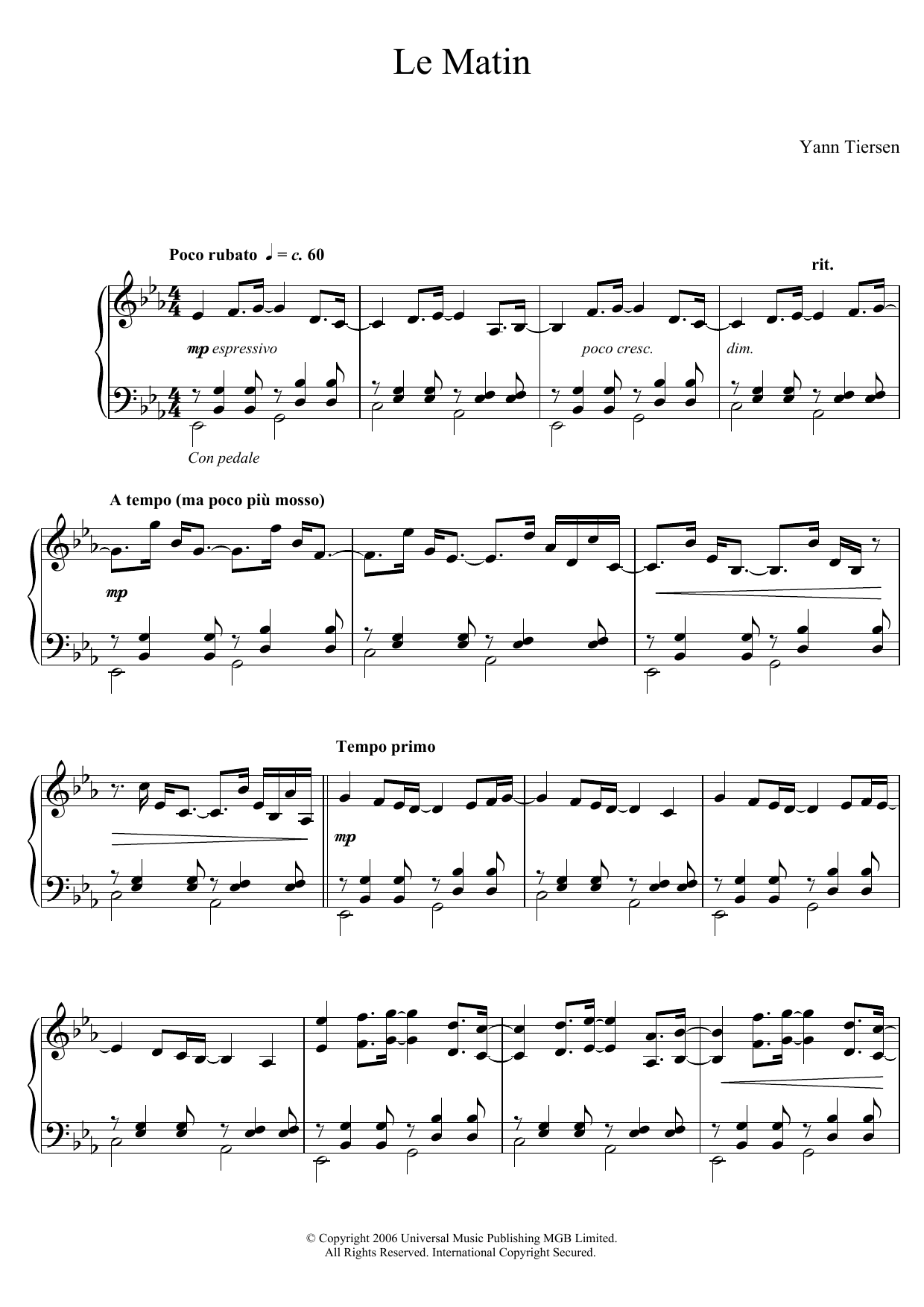 Yann Tiersen Le Matin Sheet Music Notes & Chords for Piano Solo - Download or Print PDF