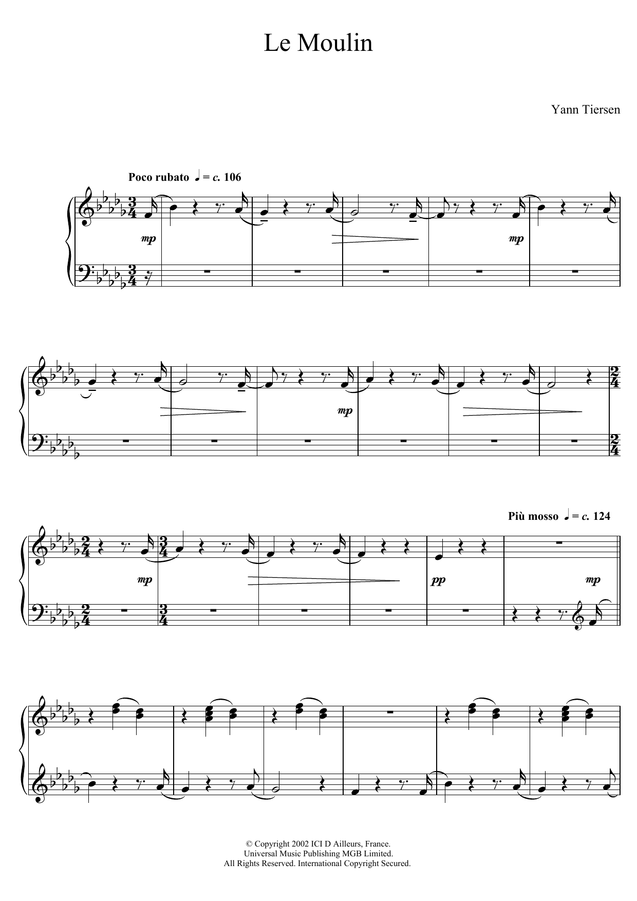 Yann Tiersen Le Moulin Sheet Music Notes & Chords for Piano - Download or Print PDF