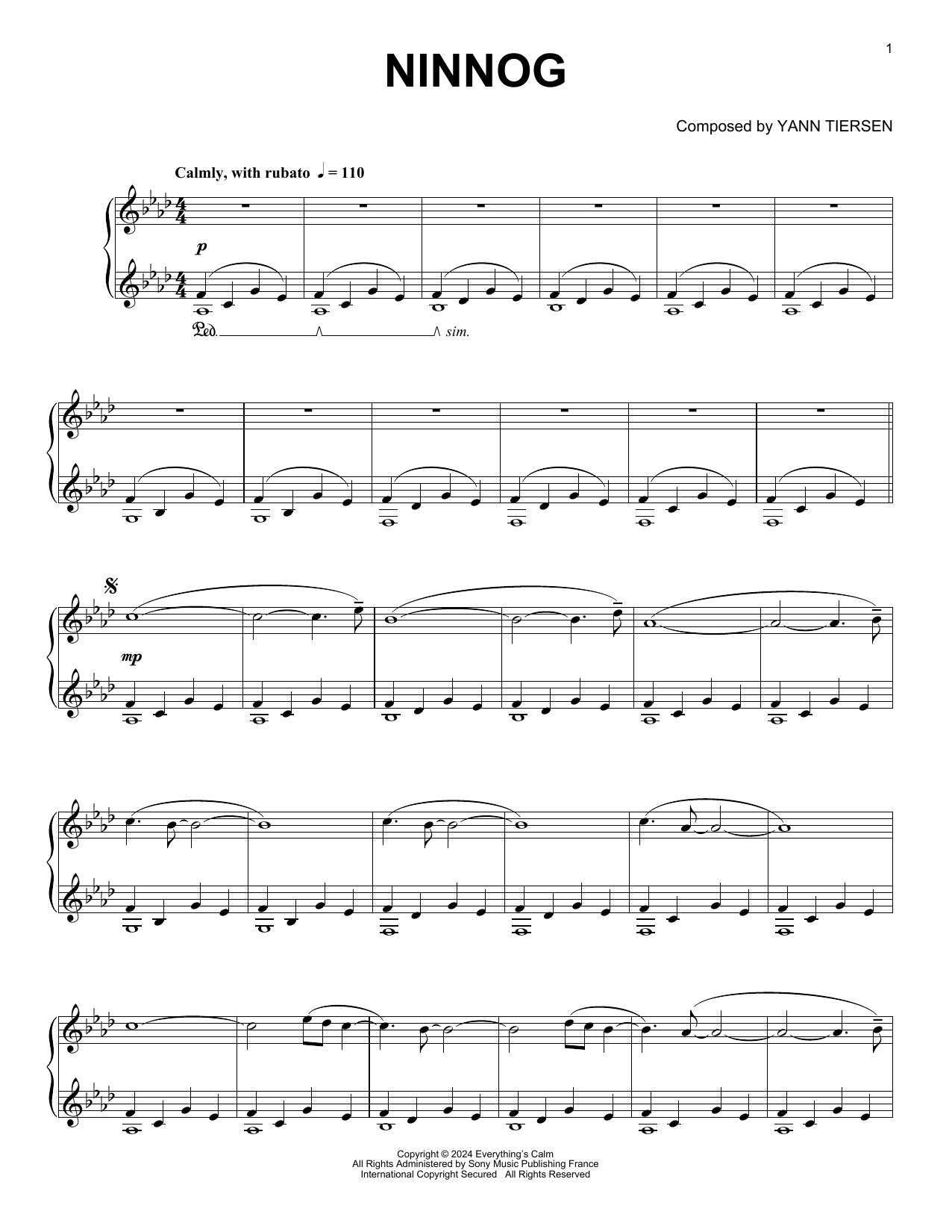 Yann Tiersen Ninnog Sheet Music Notes & Chords for Piano Solo - Download or Print PDF