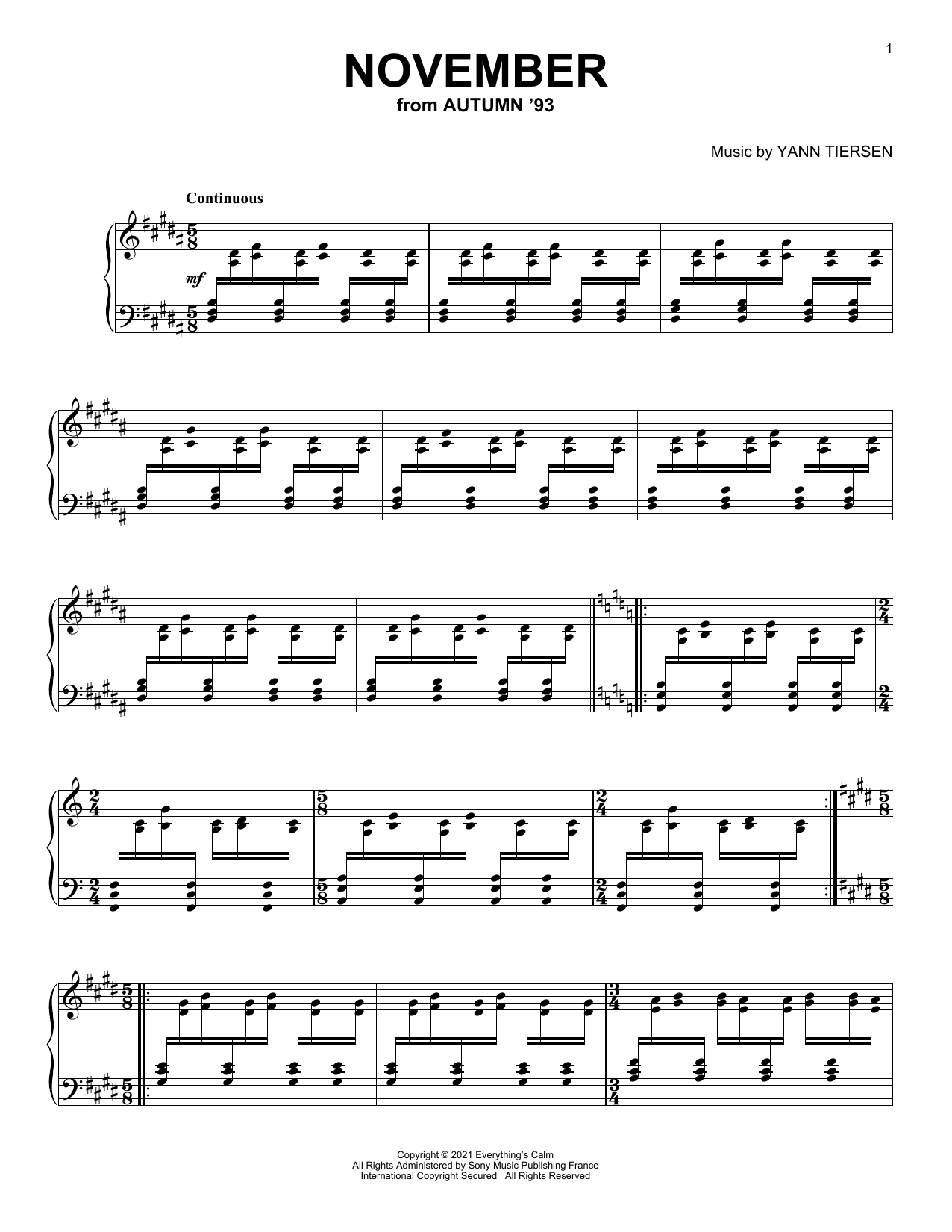 Yann Tiersen November Sheet Music Notes & Chords for Piano Solo - Download or Print PDF