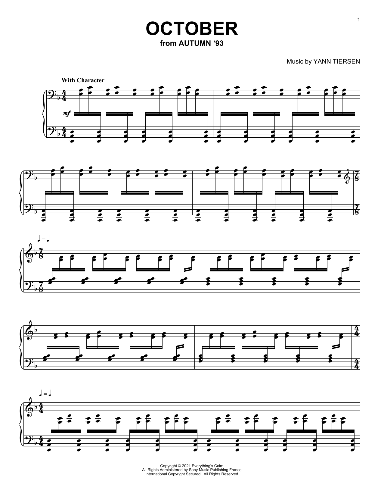 Yann Tiersen October Sheet Music Notes & Chords for Piano Solo - Download or Print PDF