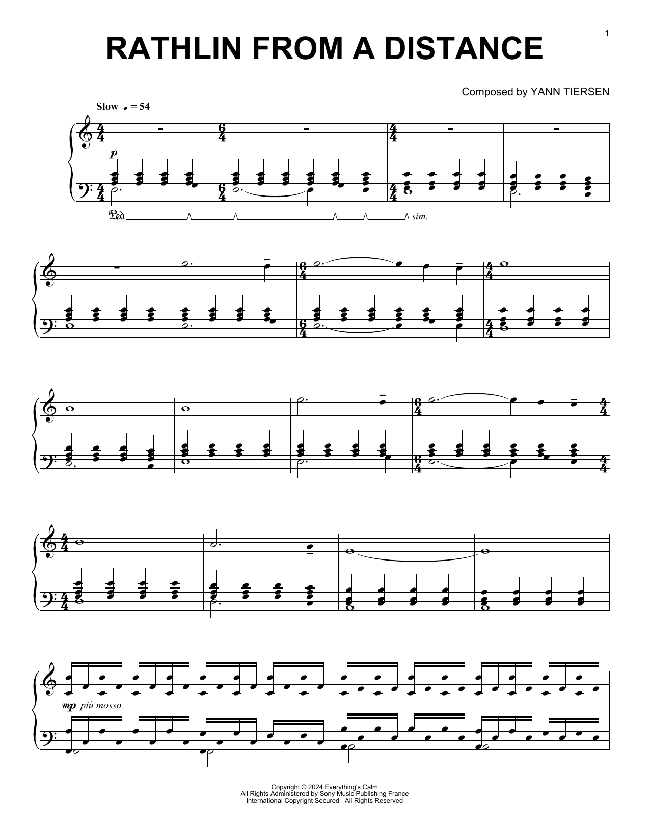 Yann Tiersen Rathlin From A Distance Sheet Music Notes & Chords for Piano Solo - Download or Print PDF