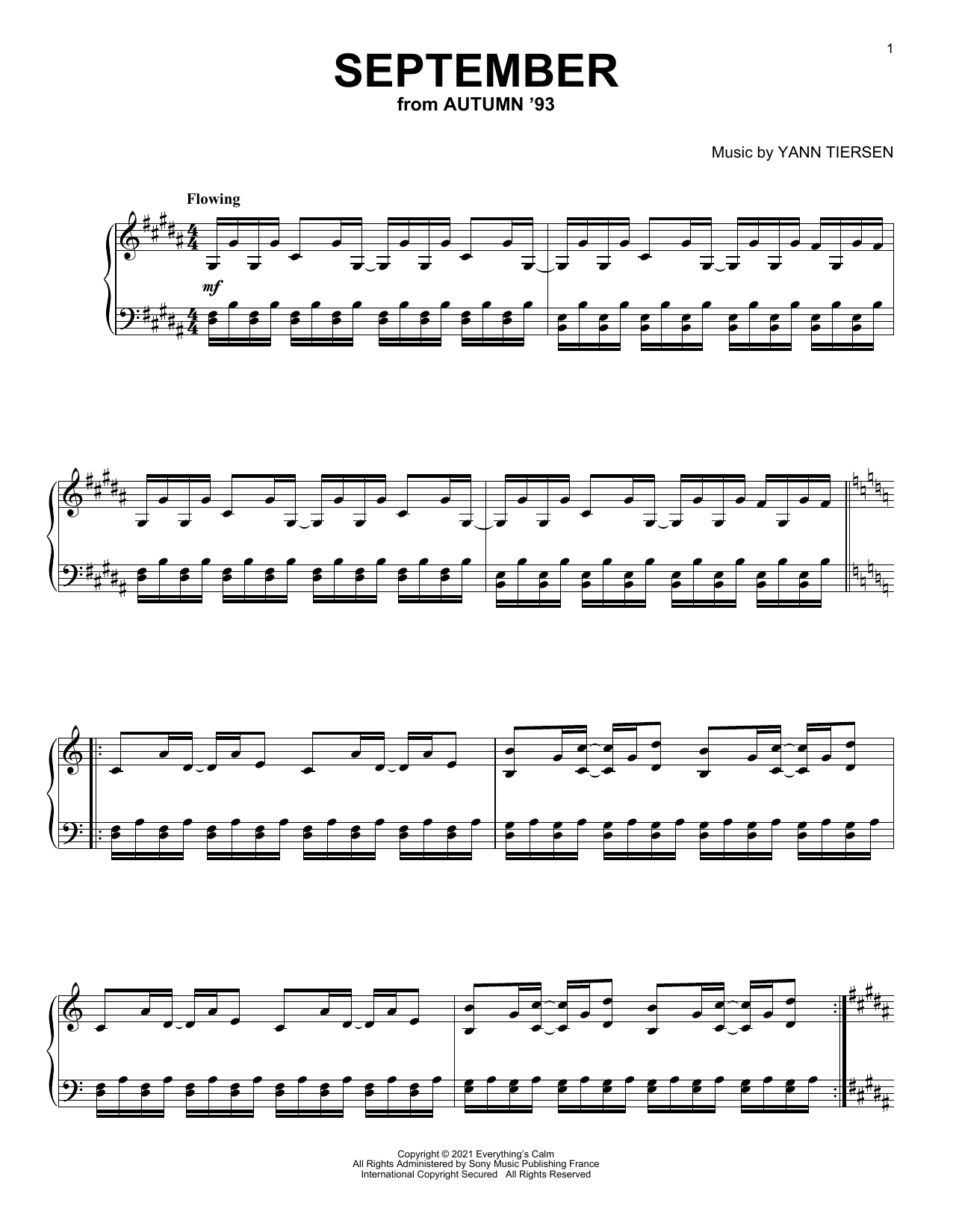 Yann Tiersen September Sheet Music Notes & Chords for Piano Solo - Download or Print PDF