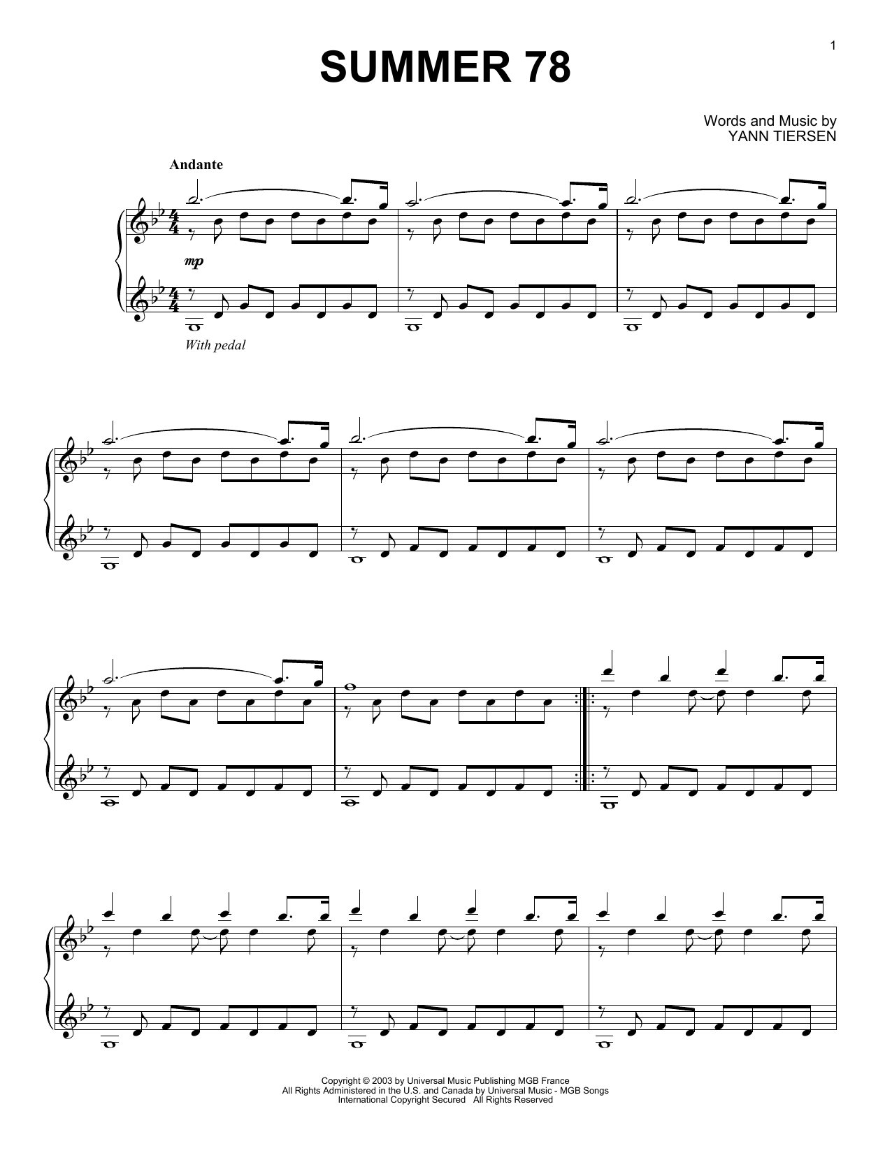 Yann Tiersen Summer 78 Sheet Music Notes & Chords for Piano Solo - Download or Print PDF