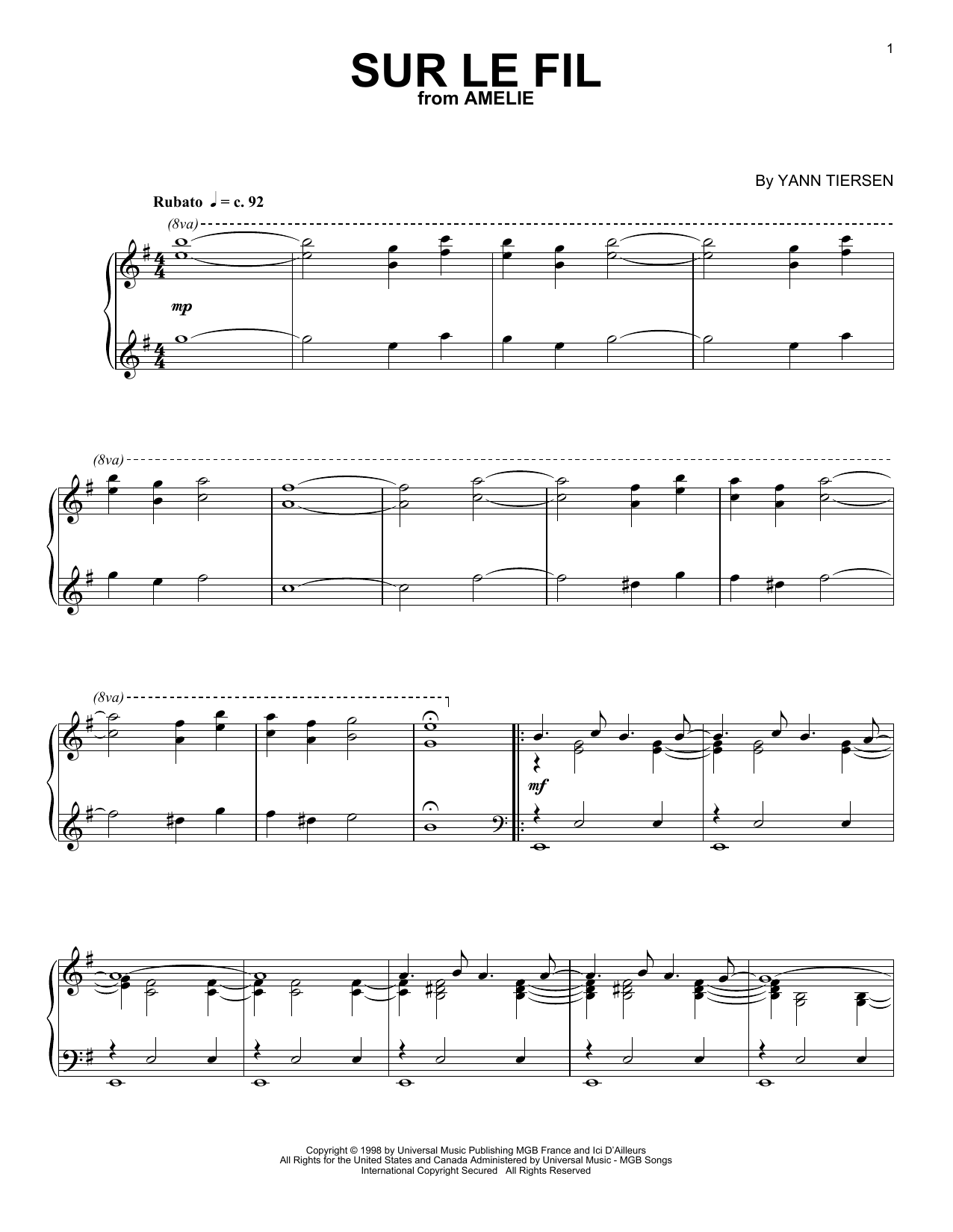 Yann Tiersen Sur Le Fil Sheet Music Notes & Chords for Piano Solo - Download or Print PDF