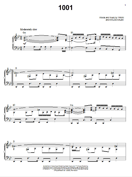 Yanni 1001 Sheet Music Notes & Chords for Piano, Vocal & Guitar (Right-Hand Melody) - Download or Print PDF