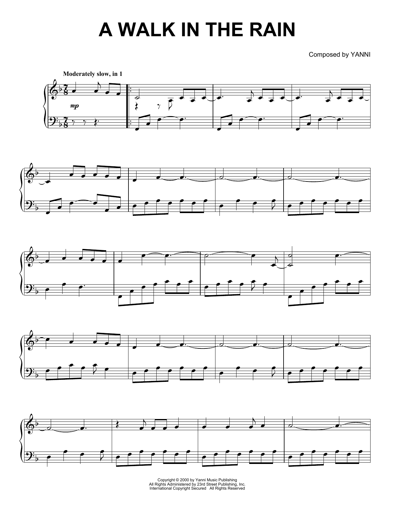 Yanni A Walk In The Rain Sheet Music Notes & Chords for Piano Solo - Download or Print PDF